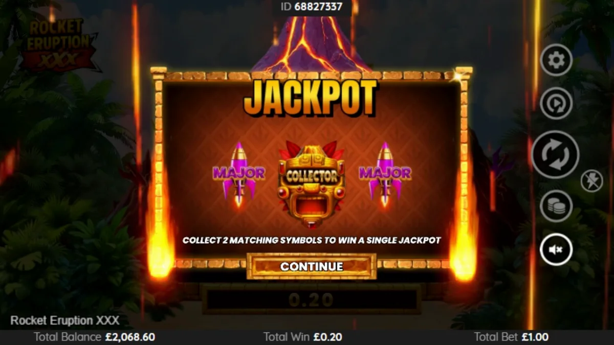 Tampilan visual slot Rocket Eruption XXX dengan tema gunung berapi dan roket.